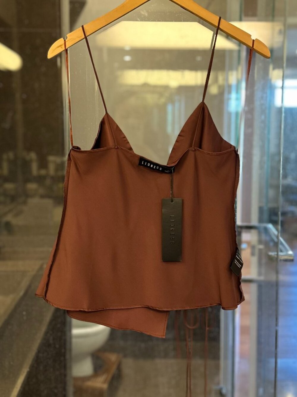 LIONESS Mariah Satin-Feel Asymmetric Cut-Out Tie-Front Cami Top (Garnet Brown) - Picture 11 of 16